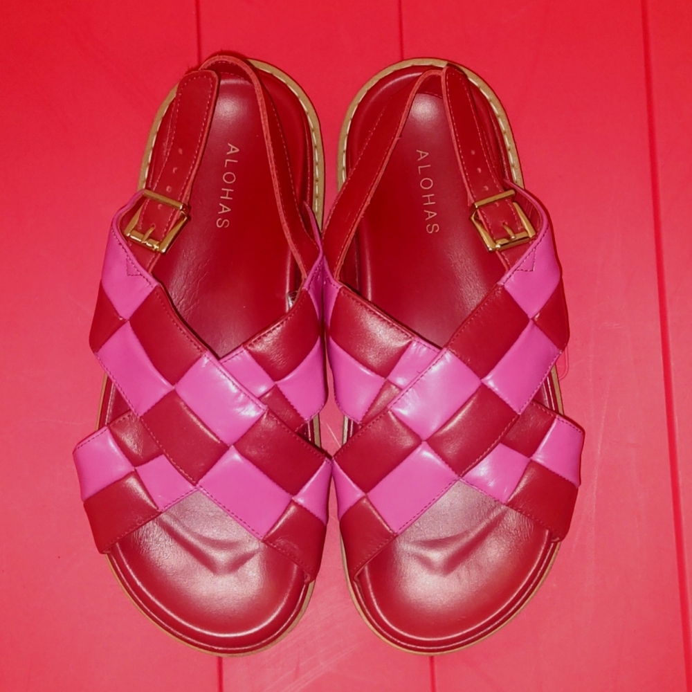 ALOHAS Marshmallow Checkered Scacchi Leather Crossover Sandals Barbie Pink EU 42
